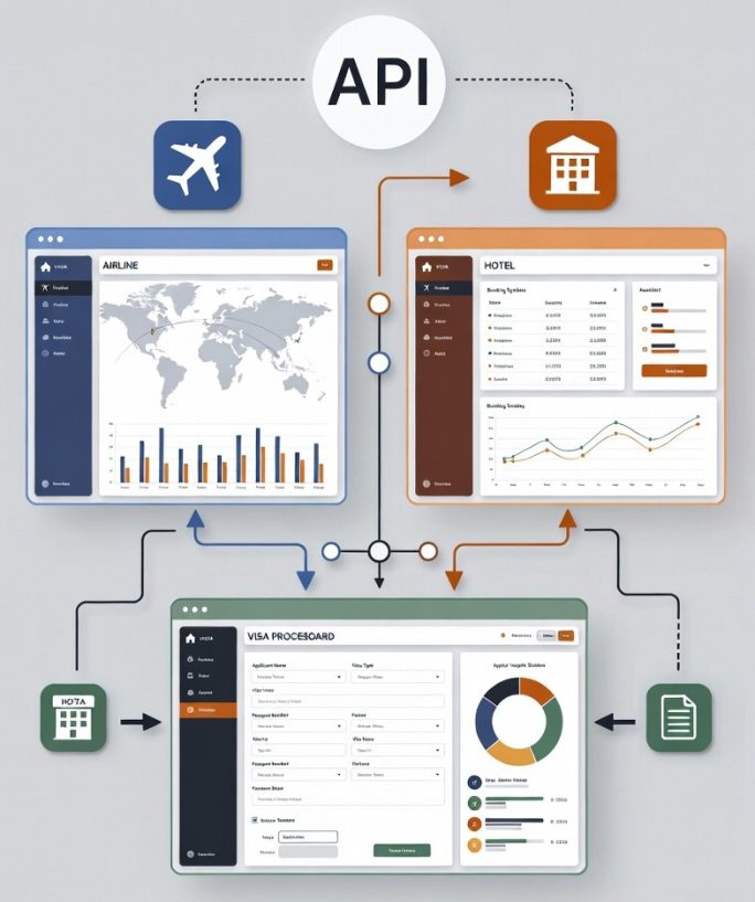 interconnected APIs linking airline and hotel systems to visa software dashboards