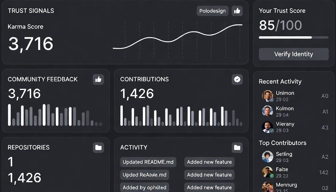 developer dashboard-style interface displaying trust signals like karma, commits, and community feedback