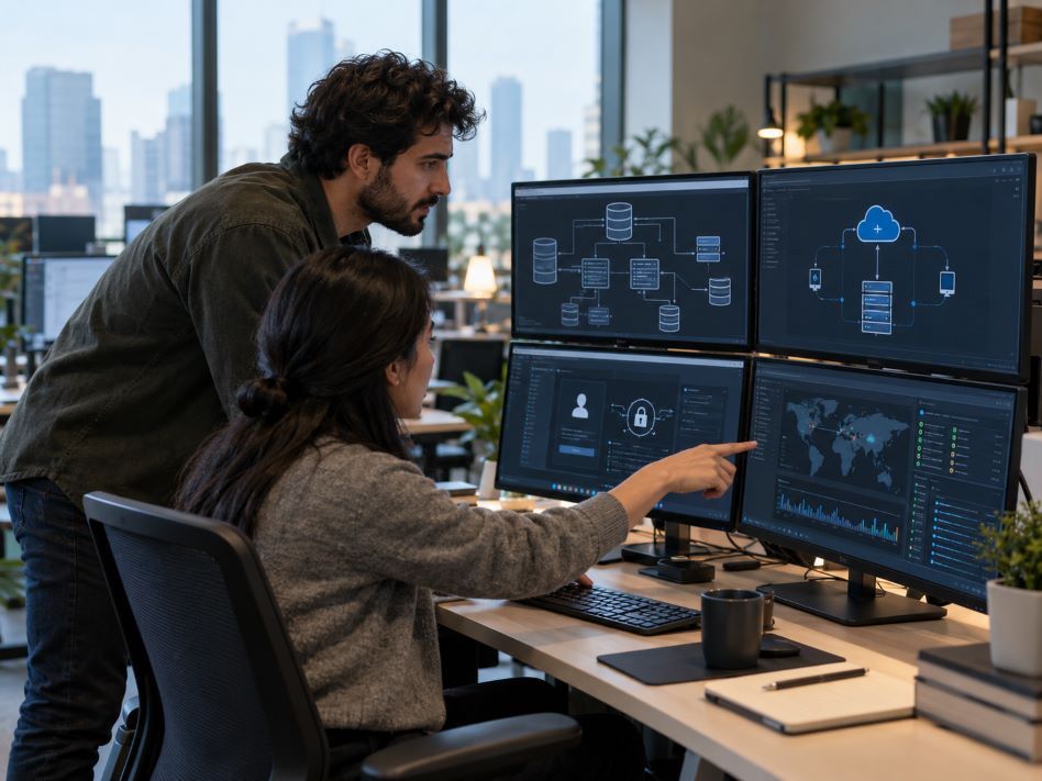 reviewing database, authentication, cloud synchronization, and security-monitoring systems